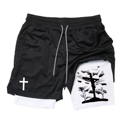 Summer New Cross Bible Printed Shorts: Unisex Double-Layer 2-in-1 Quick-Dry Sports & Fitness Pants, Beach Shorts RL10006