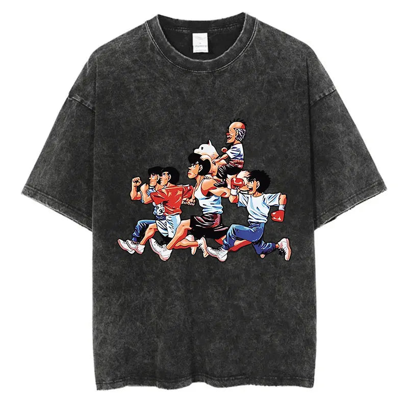 Vintage Cotton Washed T-Shirt Anime Hajime No Ippo Kamogawa Boxing Gym Loose T Shirts Men Women Y2K Hip Hop Summer Top Tee