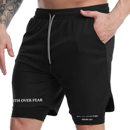 Print 2 in 1 Running Workout Shorts for Men Christian Gym Athletic Performance Shorts with Phone Pocket Towel Loop Activewear
