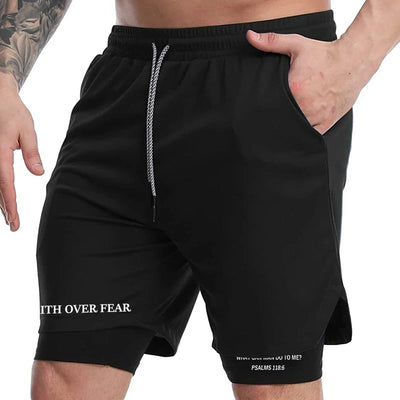 Print 2 in 1 Running Workout Shorts for Men Christian Gym Athletic Performance Shorts with Phone Pocket Towel Loop Activewear
