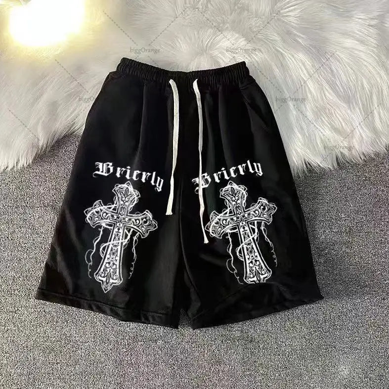Street Hip-hop Cross Design Pattern Loose Casual Shorts Men American Y2K Harajuku Oversized Fashion Versatile Mid-pants Women