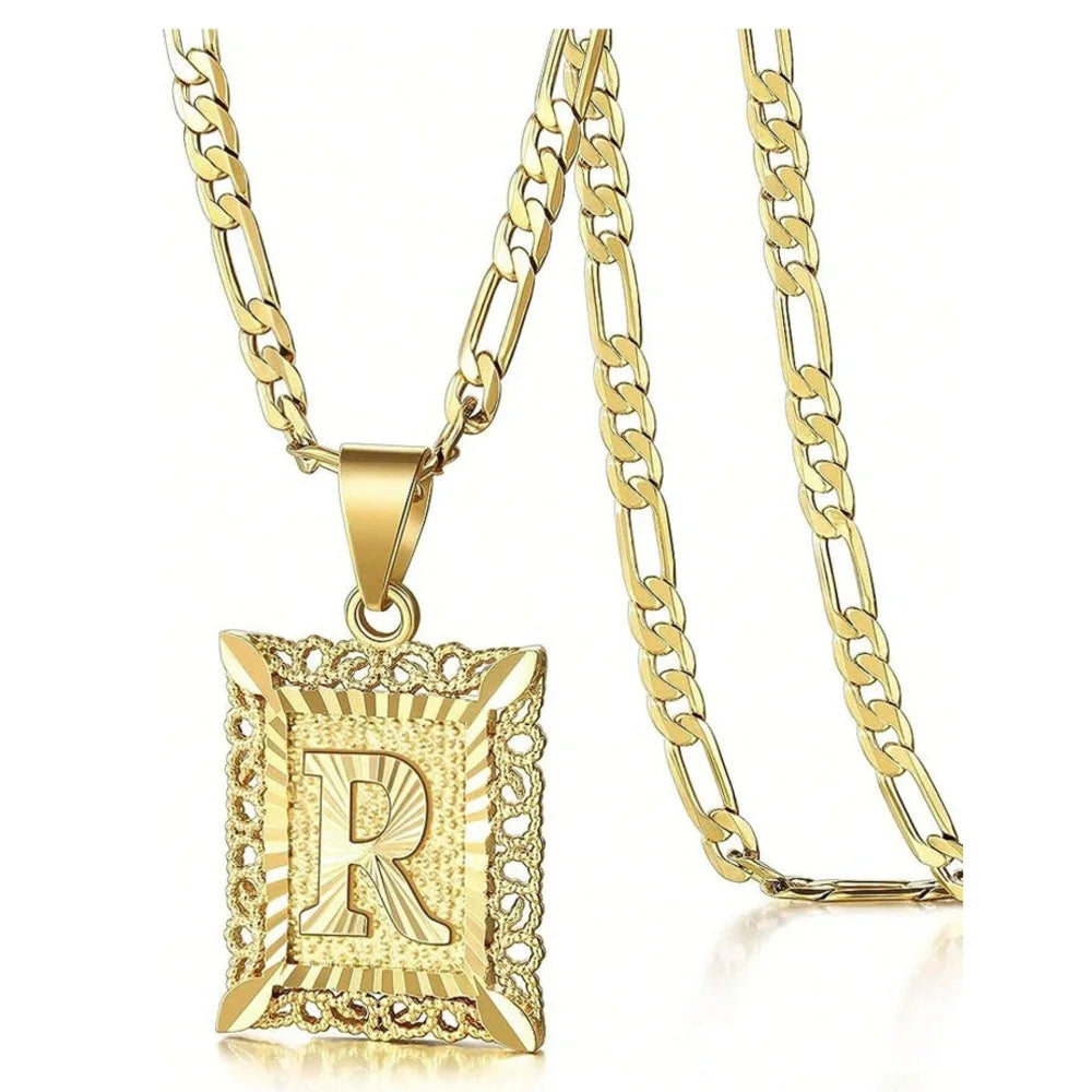 Initial Necklace Square Letter Pendant Necklace Capital Monogram Necklace Alhpabets From A-Z Figaro Chain Necklace