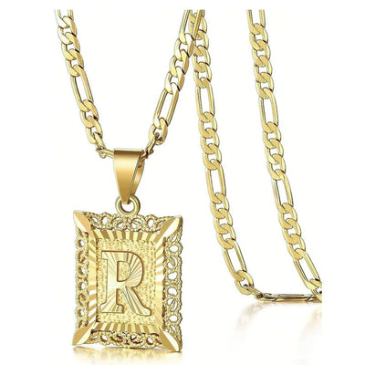 Initial Necklace Square Letter Pendant Necklace Capital Monogram Necklace Alhpabets From A-Z Figaro Chain Necklace