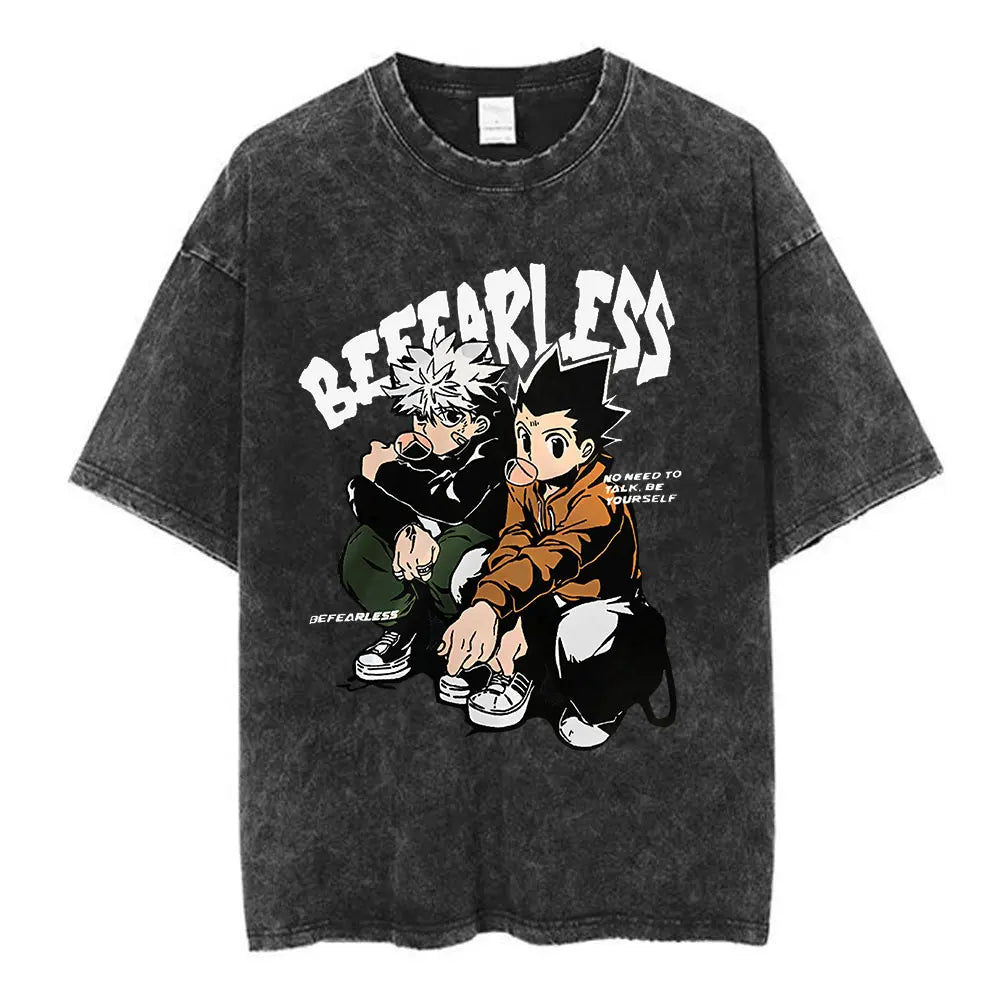 Anime Hunter X Hunter Logo Vintage Washed T Shirt Killua Gon Cherry Blossom Graphic T-shirt Men Fashion Casual Oversized Tshirt