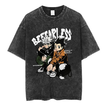 Anime Hunter X Hunter Logo Vintage Washed T Shirt Killua Gon Cherry Blossom Graphic T-shirt Men Fashion Casual Oversized Tshirt