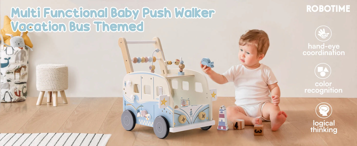 Robotime Robud Wooden Baby Walker Baby Push Along Activity Walkers with Wheels Multifunctional Baby Walker Gift for Boy Grils