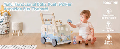 Robotime Robud Wooden Baby Walker Baby Push Along Activity Walkers with Wheels Multifunctional Baby Walker Gift for Boy Grils