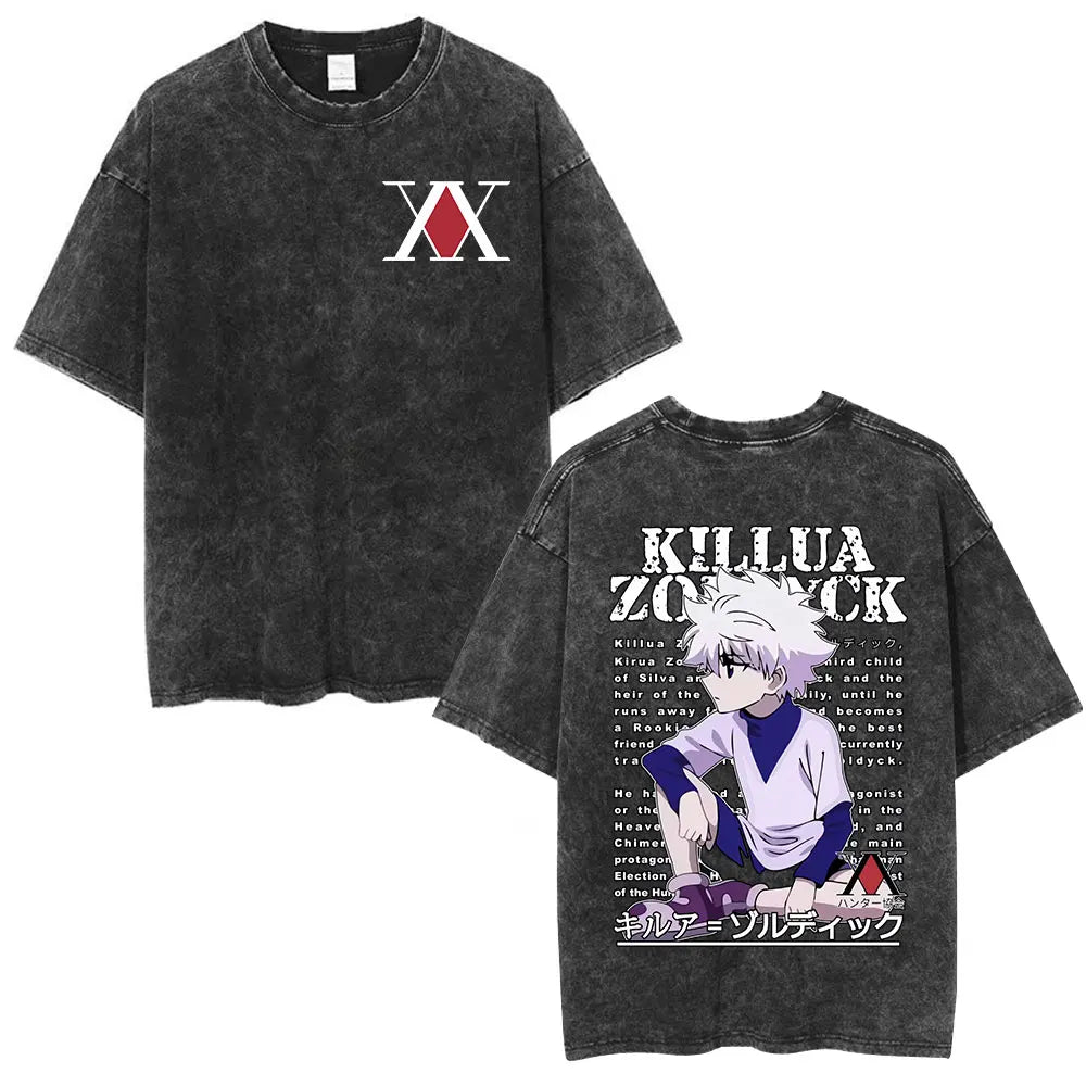 Anime Hunter X Hunter Logo Vintage Washed T Shirt Killua Gon Cherry Blossom Graphic T-shirt Men Fashion Casual Oversized Tshirt