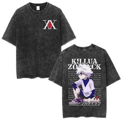 Anime Hunter X Hunter Logo Vintage Washed T Shirt Killua Gon Cherry Blossom Graphic T-shirt Men Fashion Casual Oversized Tshirt