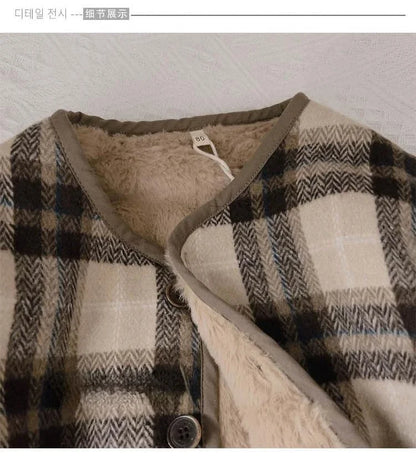 Woolen Plaid Children's Plush Coat Korean Version Autumn and Winter New Boys' and Girls' Coats Loose Baby Cotton Padded Clothes