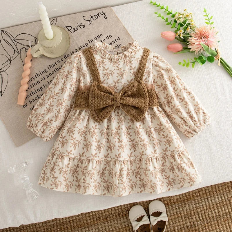 2025 Autumn Spring Newborn Baby Girl Princess Dress Fake Two Piece Long Sleeve Dress with Bow Floral Pattern For 1-3Y