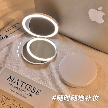 Makeup mirror portable portable small mirror with light led makeup mirror pocket mini handheld luminous folding round mirror
