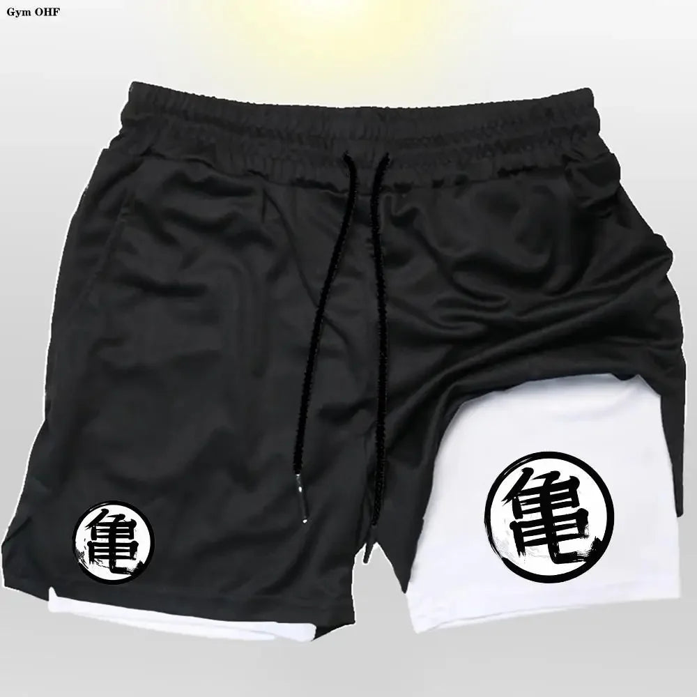 Goku Anime Running Shorts Men Fitness Gym Training 2 in 1 Sports Shorts Quick Dry Workout Jogging Double Deck Shorts