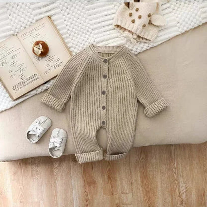 Baby Clothes Girl Boy Solid Color Knitted Romper 0-18M Baby Newborn Items Button Front Ribbed Long Sleeve Casual Autumn Jumpsuit