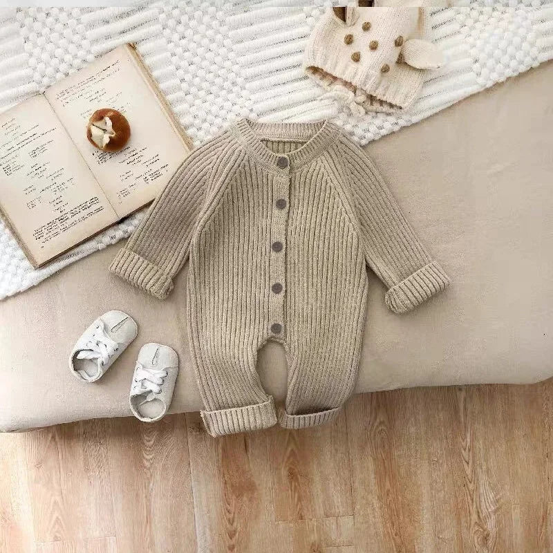 Baby Clothes Girl Boy Solid Color Knitted Romper 0-18M Baby Newborn Items Button Front Ribbed Long Sleeve Casual Autumn Jumpsuit