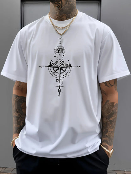Summer men's 100% pure cotton casual sports loose oversized retro compass printed comfortable round neck short sleeved T-shirt