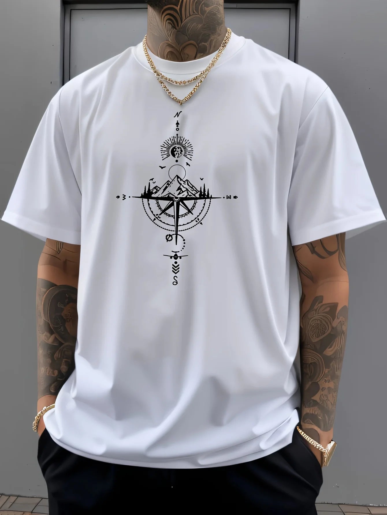 Summer men's 100% pure cotton casual sports loose oversized retro compass printed comfortable round neck short sleeved T-shirt