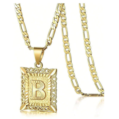 Initial Necklace Square Letter Pendant Necklace Capital Monogram Necklace Alhpabets From A-Z Figaro Chain Necklace