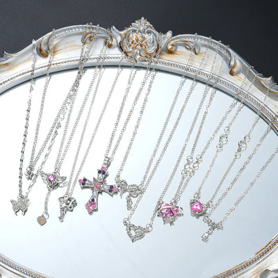 9 Pcs Women's Elegant Zircon Pendants Necklace Set Fashion Pink Color Cross Butterfly Heart Bowknot Necklaces Party Jewelry Gift