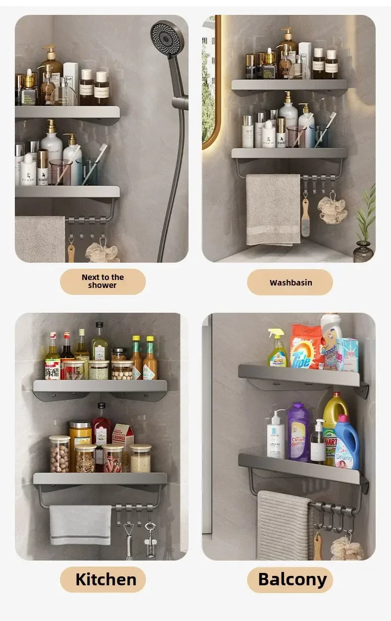 Bathroom Stainless Triangle Drain Shelf No Drilling Wall Mounted Cosmetic and Toiletries Carbon Steel Shelf with Hooks Holder