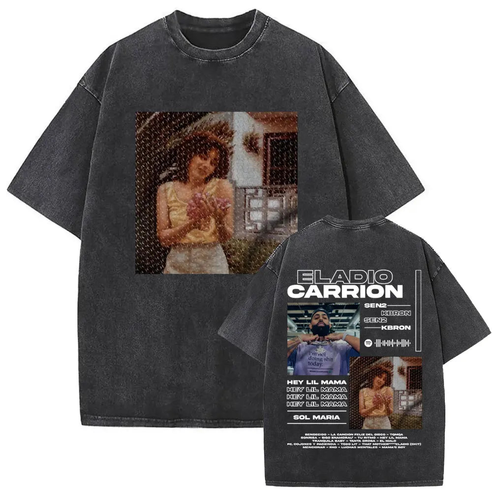Limited Rapper Eladio Carrion Album Cover Washed Vintage T-shirt Summer Men Women Hip Hop Oversized Street Crewneck T Shirt Tops