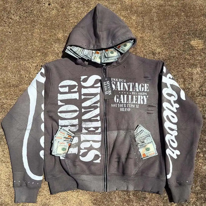 Casual Fashion Harajuku Letter Print Oversized Zipper Hoodie Men Y2K 2025 New American Hip-hop Rock Retro Loose Sweatshirt Women