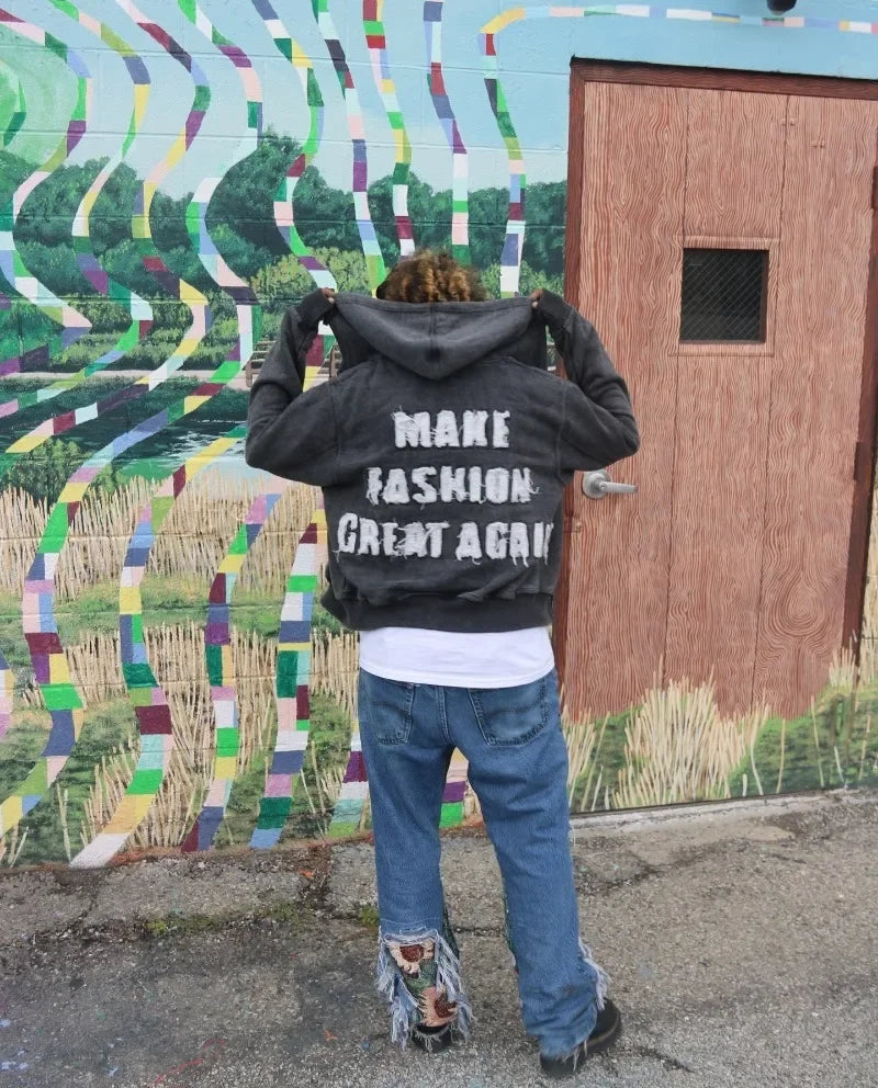 Gothic New Fashion Oversized Letter Embroidered Patch Zipper Hoodie Men Y2K Harajuku Vintage Hip Hop Casual Couple Sweatshirt