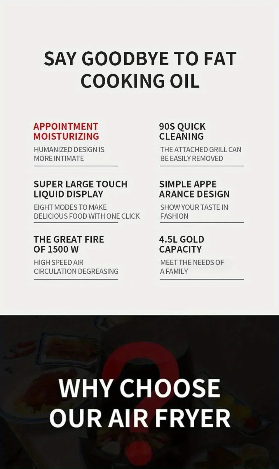 6L Large Capacity Digital Touch Air Fryer Multi Use Non Stick Energy Saving Easy Clean Oven For Household Kitchen Cooking