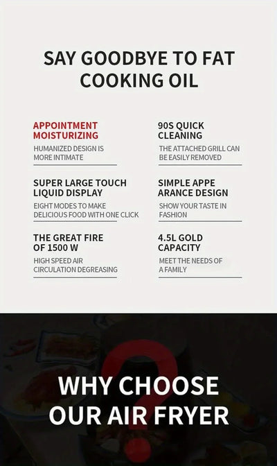 6L Large Capacity Digital Touch Air Fryer Multi Use Non Stick Energy Saving Easy Clean Oven For Household Kitchen Cooking