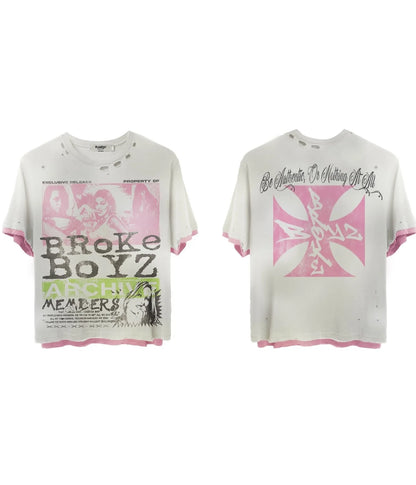 New Y2k Streetwear Splicing T Shirt Fashionable Hip Hop Graffiti Graphic Shirt Printing Ripped Design Retro Oversized Loose Tops