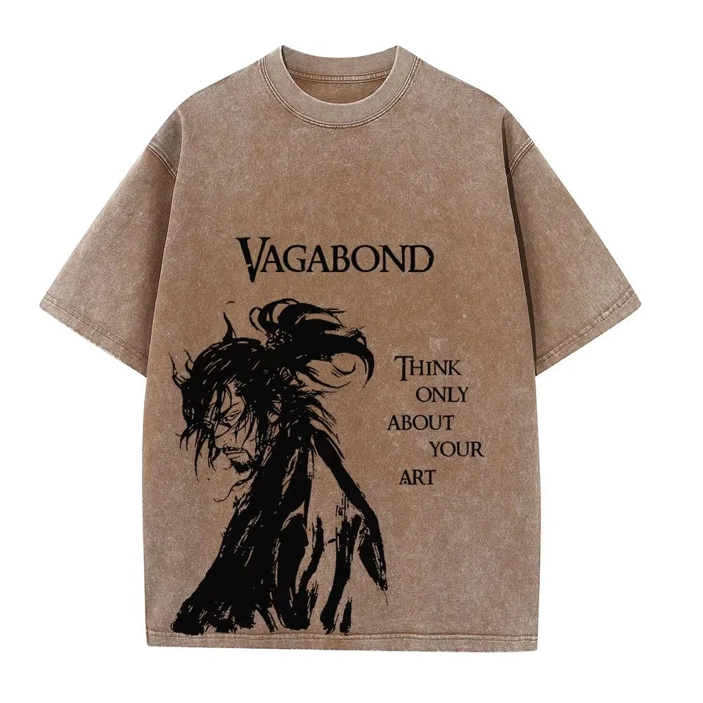 2025 Men Streetwear Anime Vagabond Graphic Print Vintage Harajuku Washed Black T Shirt Men Summer Casual Cotton Loose Top Tee