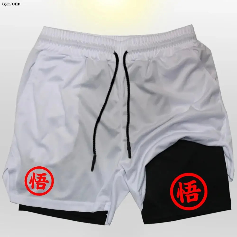 Goku Anime Running Shorts Men Fitness Gym Training 2 in 1 Sports Shorts Quick Dry Workout Jogging Double Deck Shorts