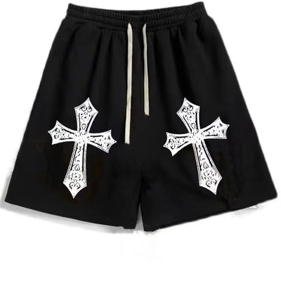 Street Hip-hop Cross Design Pattern Loose Casual Shorts Men American Y2K Harajuku Oversized Fashion Versatile Mid-pants Women