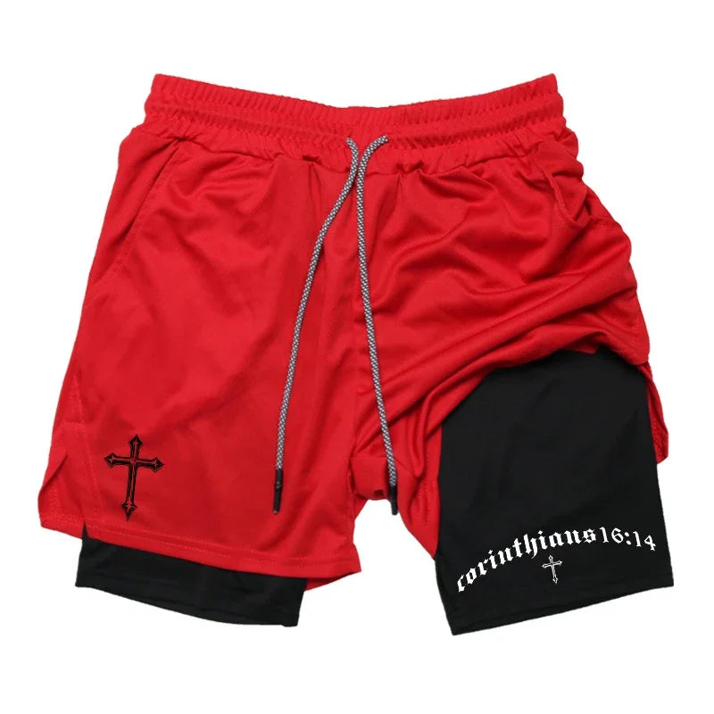 Men's BiBible patterned two-in-one sports shorts Christian fitness training mobile phone pocket running