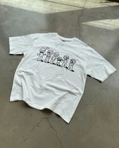 New American Fashion Cartoon Casual Loose Cotton White T-shirt Men 2025 High Street Trend Punk Oversized Short-sleeved Women