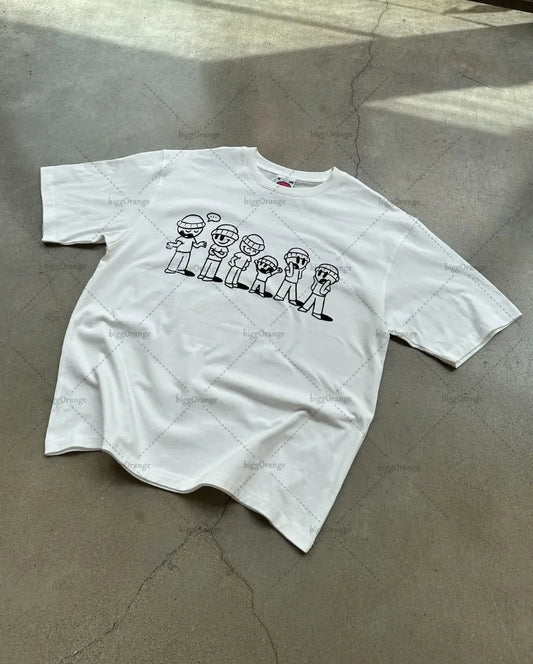 New American Fashion Cartoon Casual Loose Cotton White T-shirt Men 2025 High Street Trend Punk Oversized Short-sleeved Women