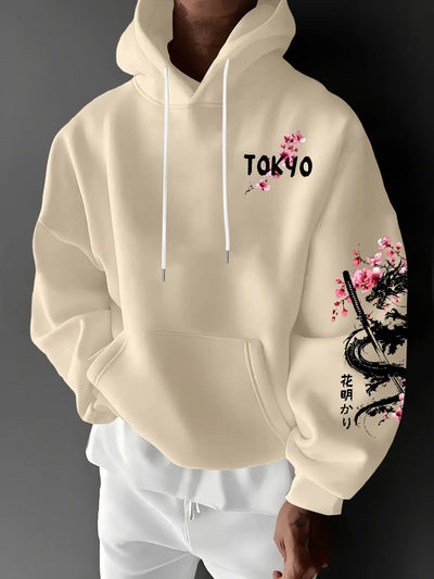 New Men's Anime Dragon Cherry Blossom Printed Hooded Sweatshirt Winter Fleece Warm Casual Street Comfort Inspired Design Hoodie