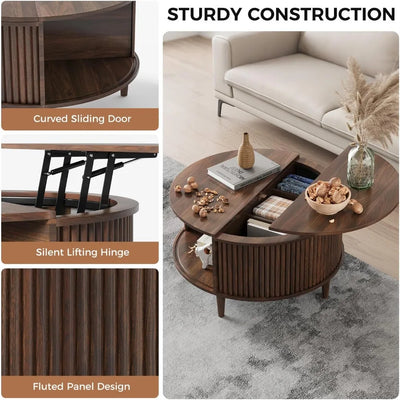 Round Coffee Table with Storage, Fluted Lift Top Coffee Table for Living Room, 31.5 Mid Century Modern Center Table with Sliding