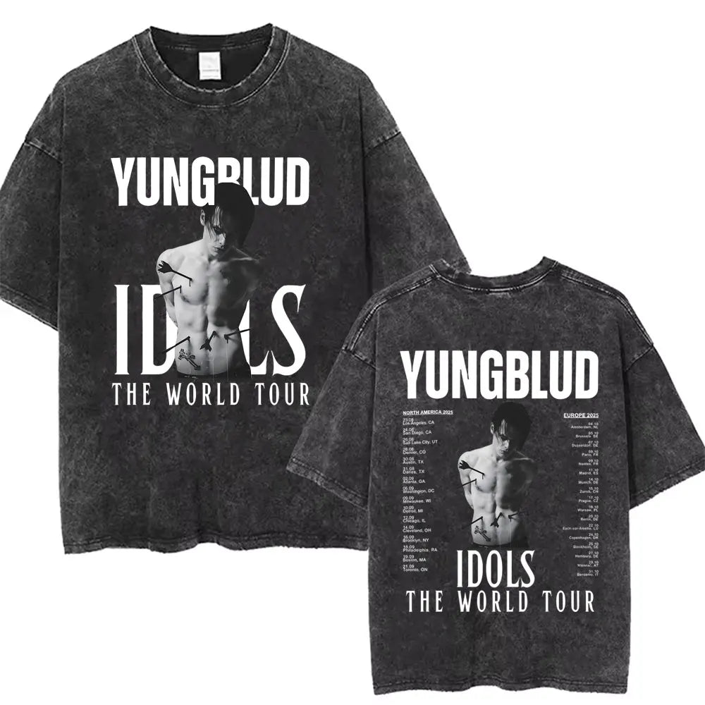Washed Vintage Rocker Yungblud IDOLS Album Tour Double Sided Print T-shirts Men Women Fashion Hip Hop Rock Short Sleeve T Shirts