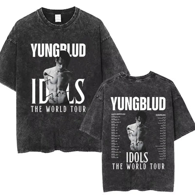 Washed Vintage Rocker Yungblud IDOLS Album Tour Double Sided Print T-shirts Men Women Fashion Hip Hop Rock Short Sleeve T Shirts