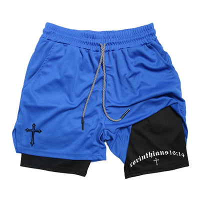 Men's BiBible patterned two-in-one sports shorts Christian fitness training mobile phone pocket running