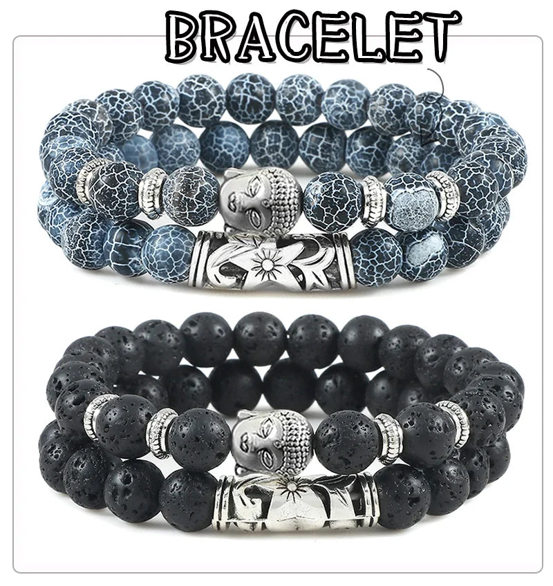 2pcs/set Buddha Head Bracelet for Women Men Natural Tiger Eye Lava Stone Yoga Beads Distance Bracelets Charm Couple Jewelry Gift