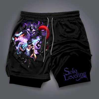 New Black Comic Solo Leveling Print Summer Men's Training Fitness Shorts Street Breathable Sweat-absorbing Double Shorts