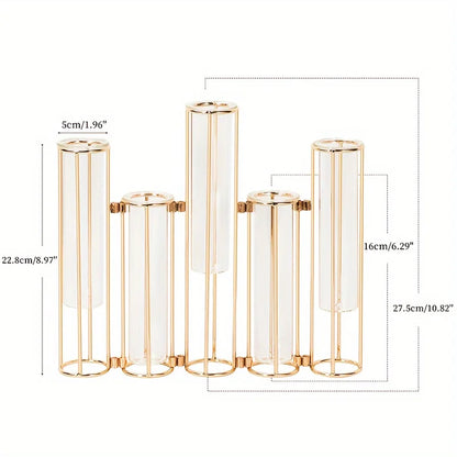 Test Tube Vase with 5 Test Tubes, Gold Vase for Centerpiece, Gold Vase with Metal Stand, Glass Vase for Wedding Home Decoration