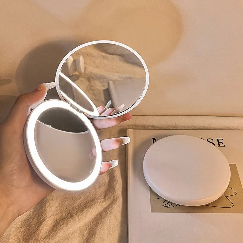Makeup mirror portable portable small mirror with light led makeup mirror pocket mini handheld luminous folding round mirror