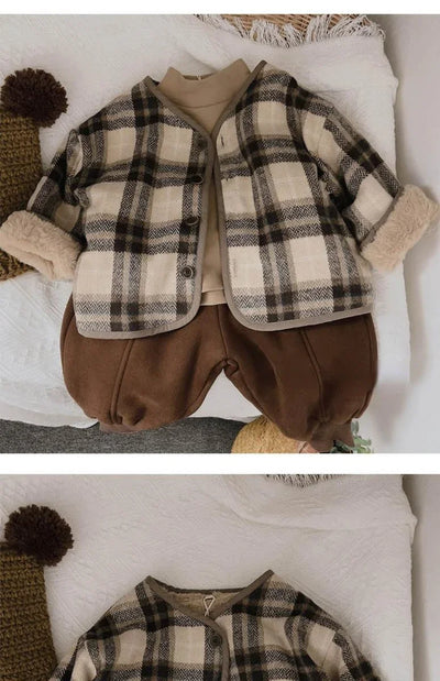 Woolen Plaid Children's Plush Coat Korean Version Autumn and Winter New Boys' and Girls' Coats Loose Baby Cotton Padded Clothes