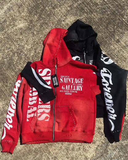 Casual Fashion Harajuku Letter Print Oversized Zipper Hoodie Men Y2K 2025 New American Hip-hop Rock Retro Loose Sweatshirt Women