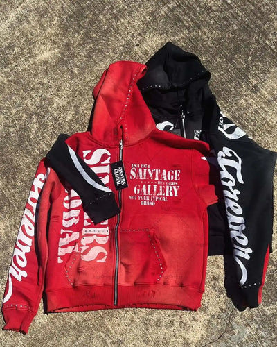 Casual Fashion Harajuku Letter Print Oversized Zipper Hoodie Men Y2K 2025 New American Hip-hop Rock Retro Loose Sweatshirt Women