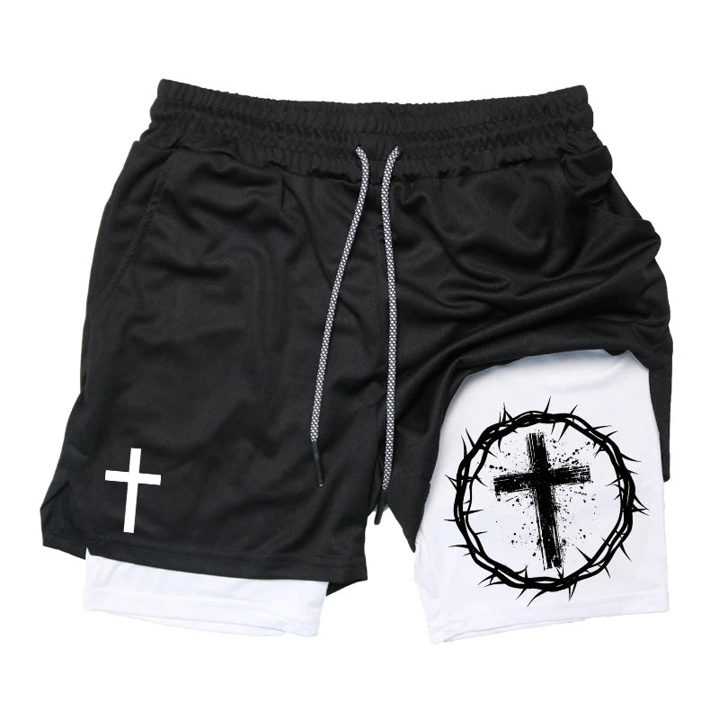 Print 2 in 1 Running Workout Shorts for Men Christian Gym Athletic Performance Shorts with Phone Pocket Towel Loop Activewear