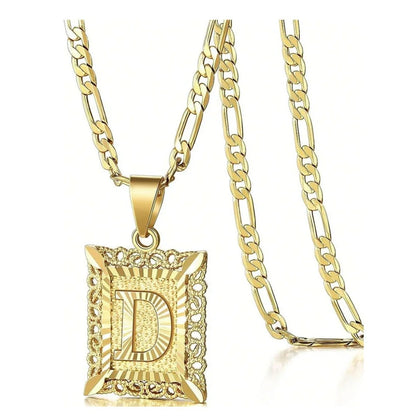 Initial Necklace Square Letter Pendant Necklace Capital Monogram Necklace Alhpabets From A-Z Figaro Chain Necklace